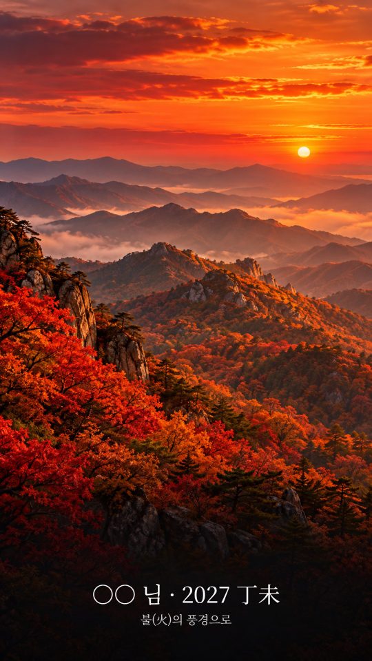 불(火)의 풍경 견본: 붉은 단풍 산과 노을 진 능선